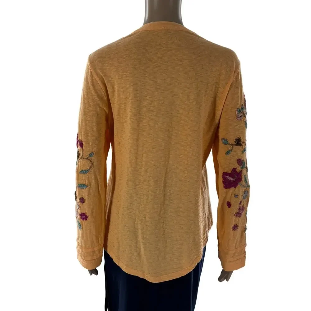 Soft Surroundings Orange Antalya Striped Floral Embroidered Henley Top